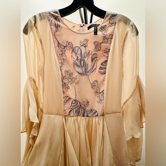 BCBGMAXAZRIA Nel Silk Embroidered Blush Romantic Asymmetrical Hem Midi Dress, XS - Picture 5 of 10